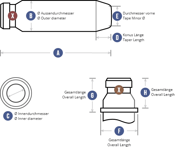 Technische Zeichnung einer Ventilführung mit den Maßen A bis H
