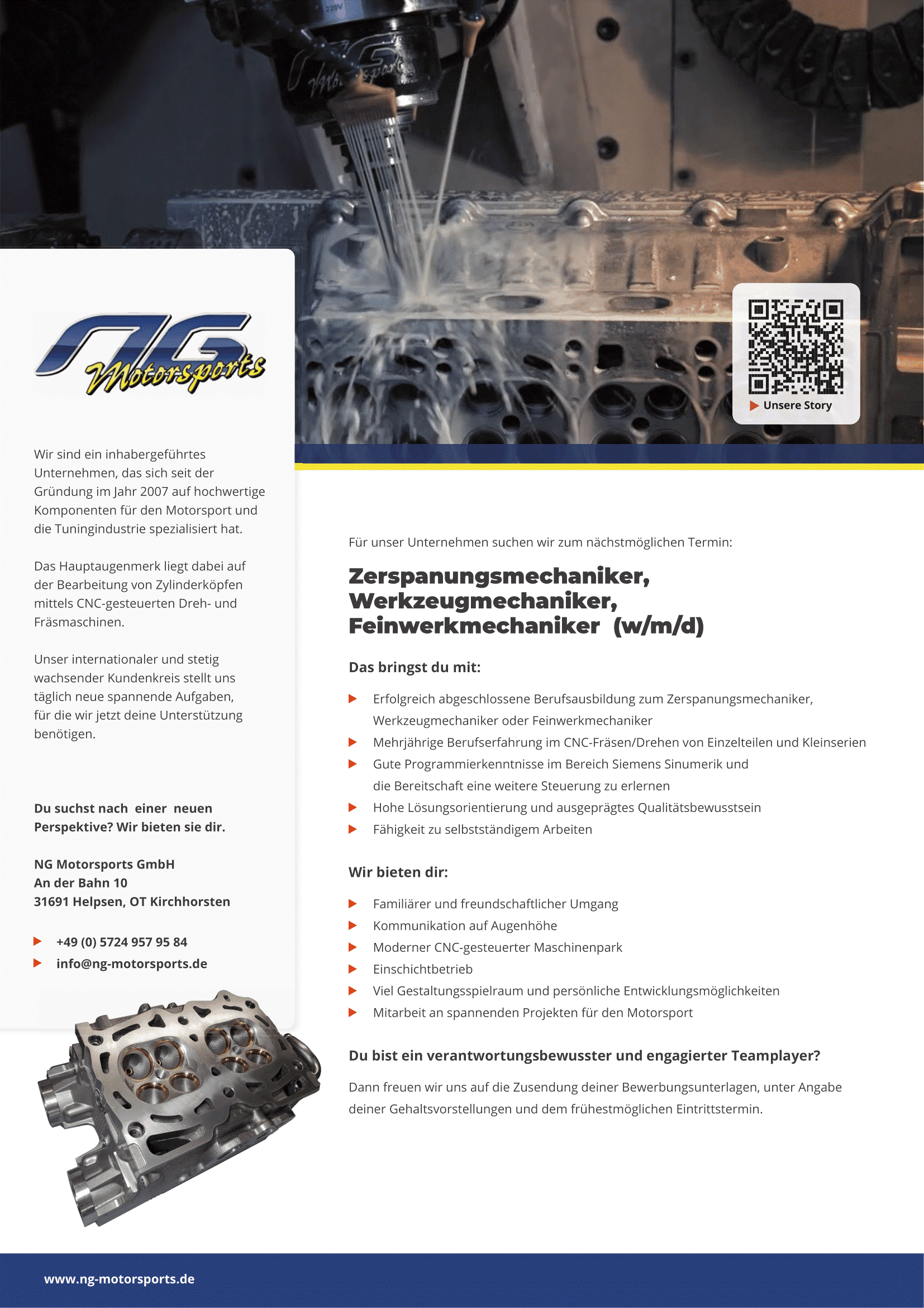 NG Motorsports job posting for a CNC machinist / tool maker / precision engineer (m/f/d), set against a background of CNC cylinder head machining, with a QR code linking to the company story